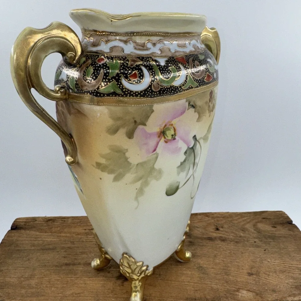 Vase Antique Nippon‎ Hand-Painted Porcelain w/Double Handle Floral Gold Gilt